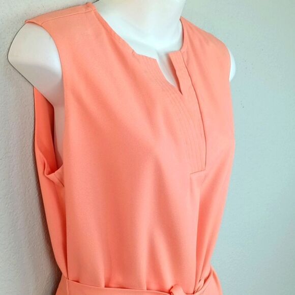 Alex Marie Women Apricot Sleeveless V Neck Belted Sheath Midi Dress sz 4 - Picture 3 of 15